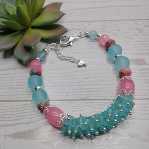 New Elegant Pink and Teal Beaded Bracelet